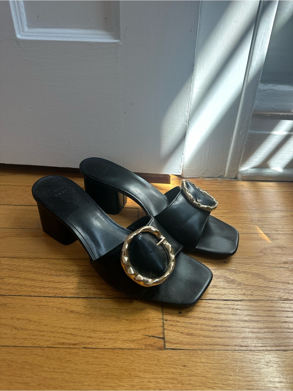 a new day Black Slide Sandals with Gold Ring Accent Sz 9.5